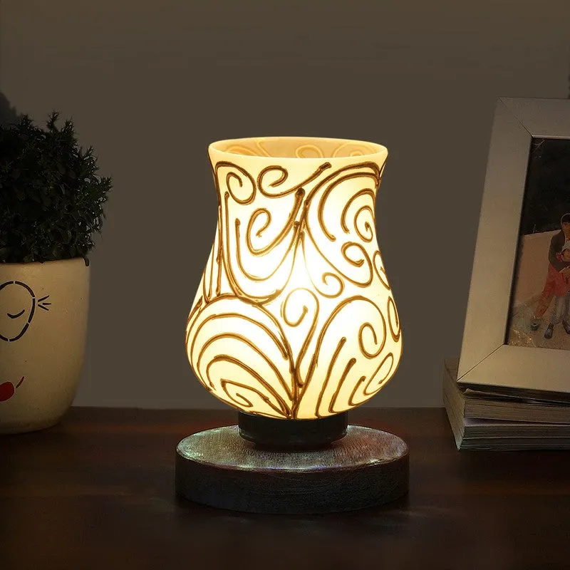 Flamora Mosaic Glass Table Lamp With Wooden Base - White & Gold media 1