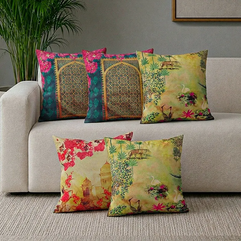 India Circus Royal Grove Printed Velvet Cushion Cover - Set Of Five media 1