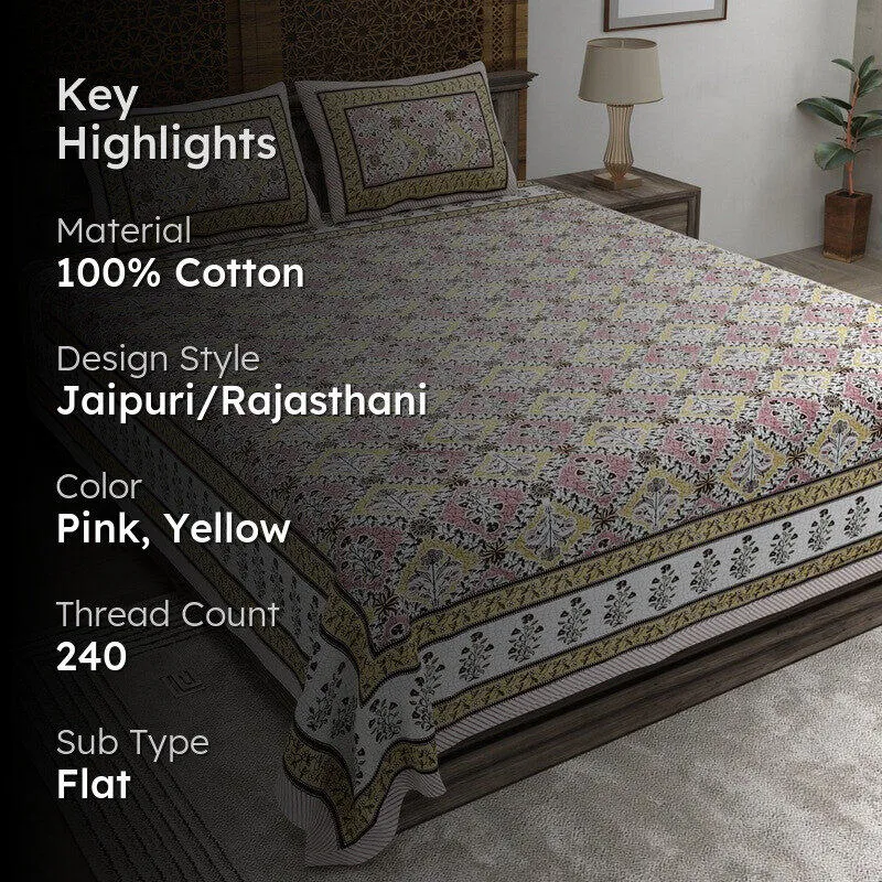 Royala Cotton Bedsheet (Pink,Yellow) - 240 TC media 2