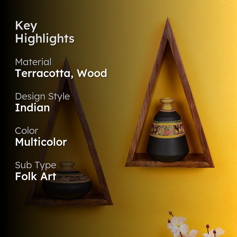 Triangle Tree Wooden Wall Shelf With Madhubani Pot - Set Of Four media 2