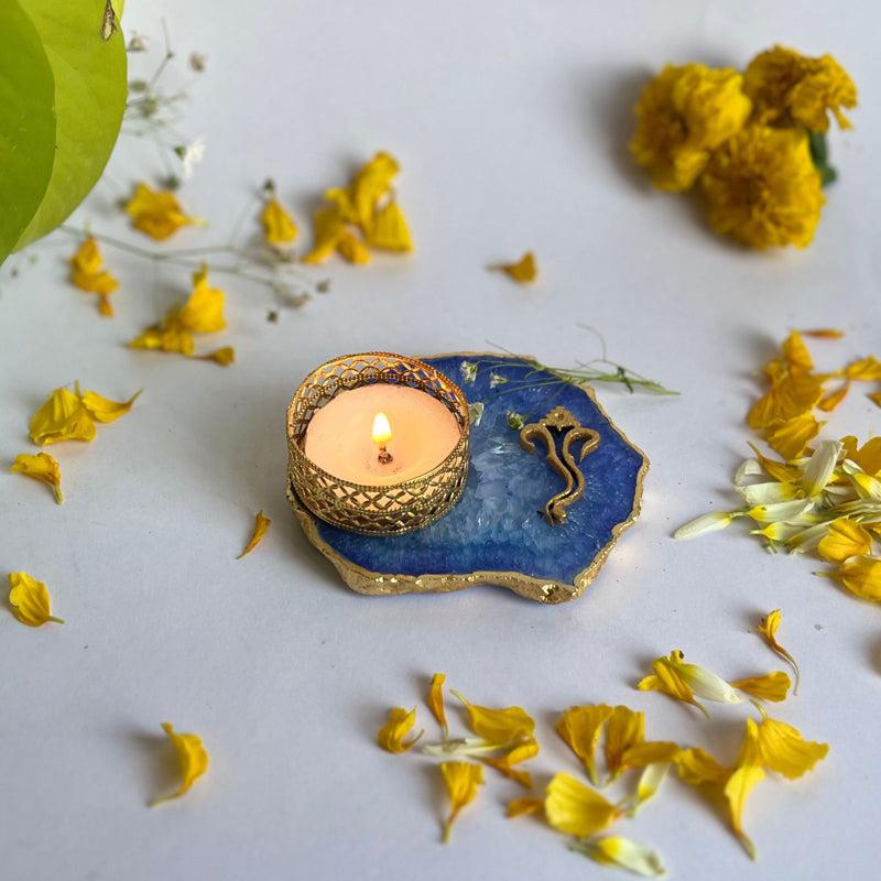 Ganesha Handcrafted Agate Tealight Candle Holder - Blue