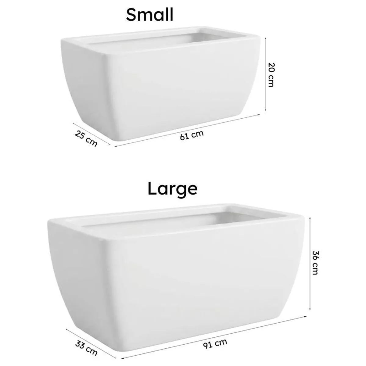 Size comparison showing Small and Large white rectangular planters.