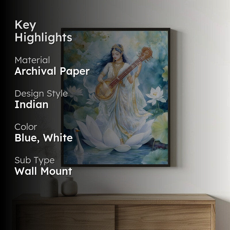 Veena Vaadhini Spiritual Archival Paper Wall Painting With Frame - Black media 2