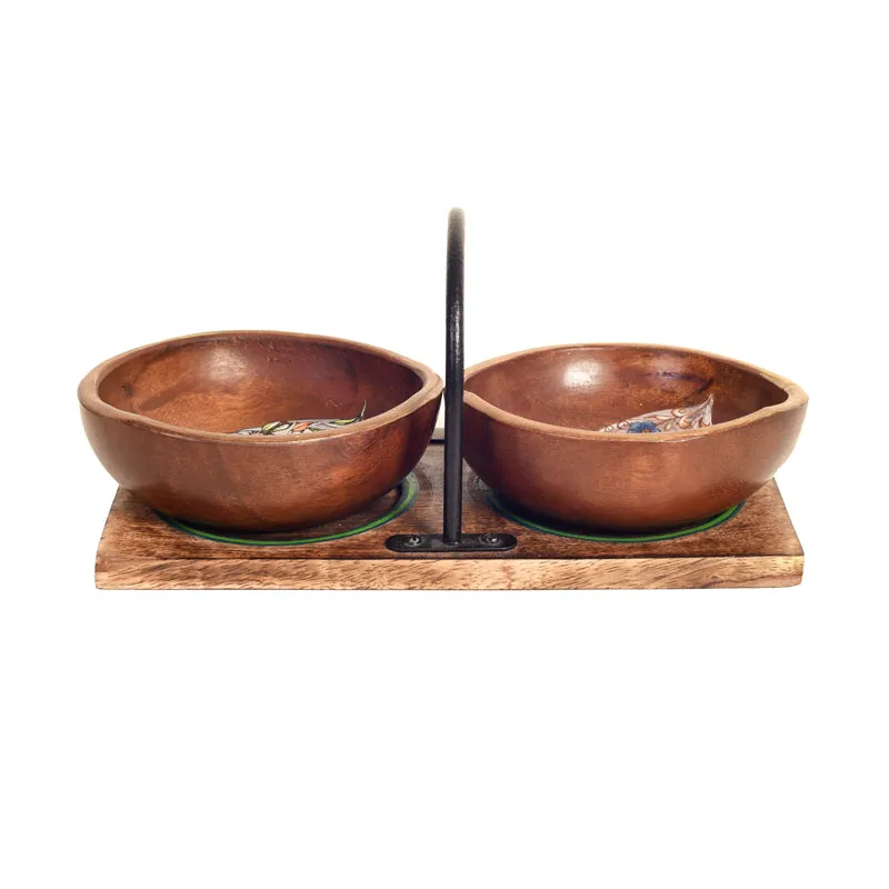 Paisley Motif Wood Dip Bowl With Stand - Three Piece Set media 4
