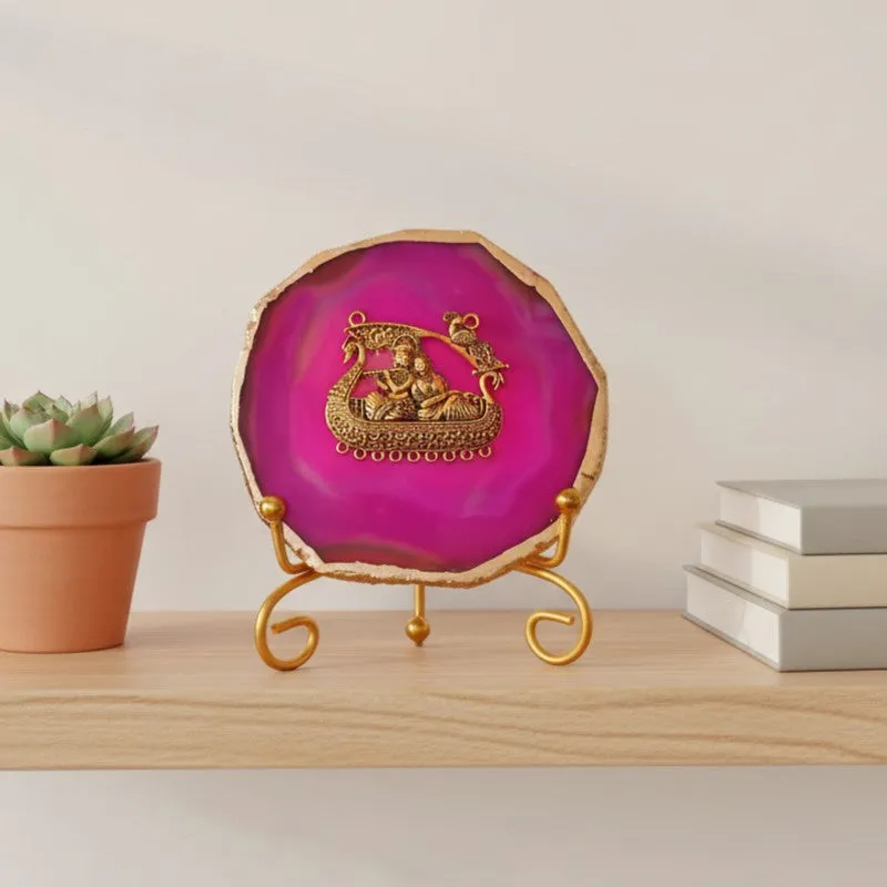 Radhe Krishna Bliss Agate Showpiece With Stand - Magenta & Gold media 4