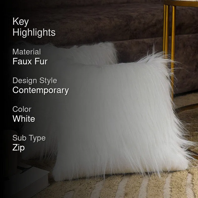 Velvuro Faux Fur Solid Cushion Cover (White) - Set Of Two media 2