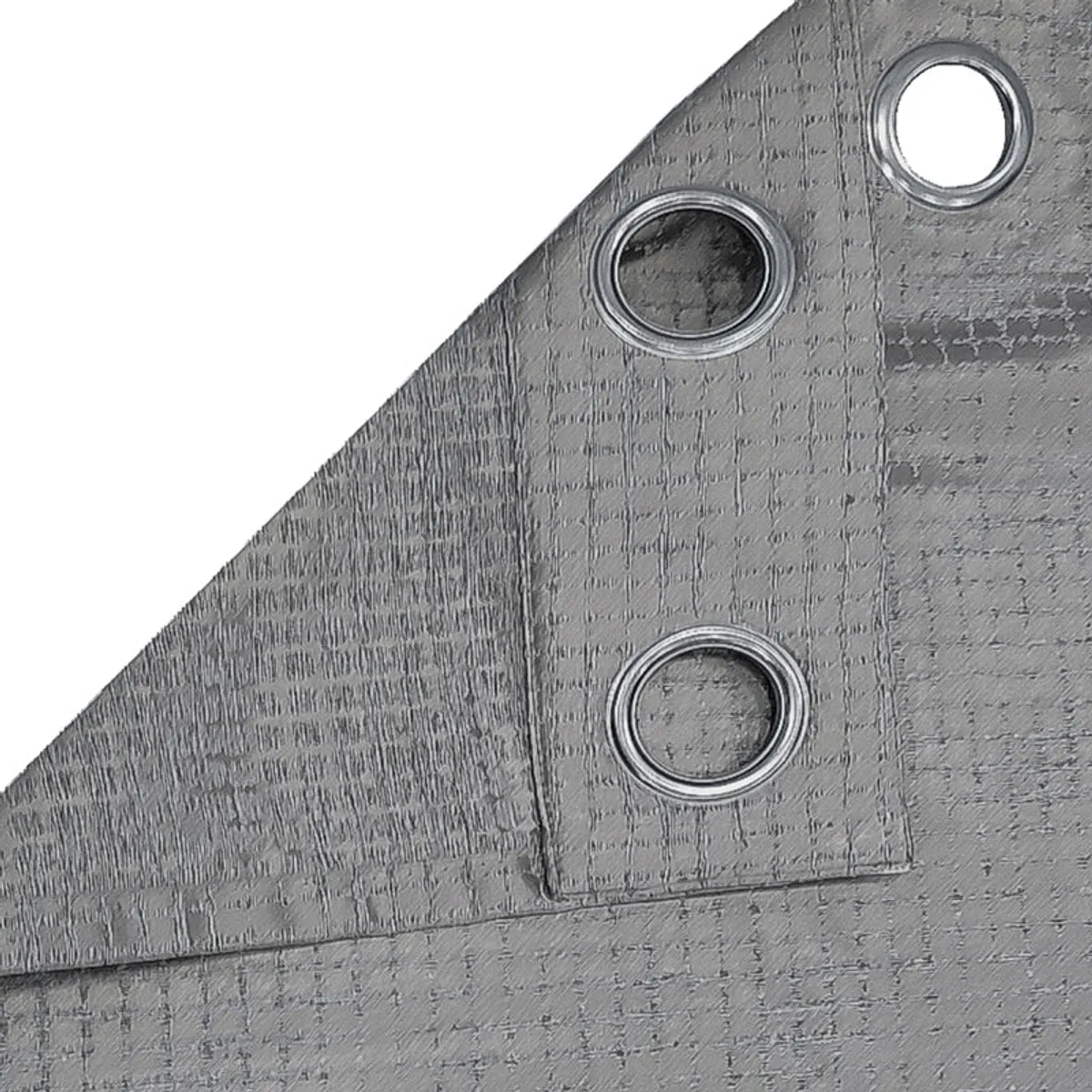 Close-up of silver eyelets and stitched curtain header