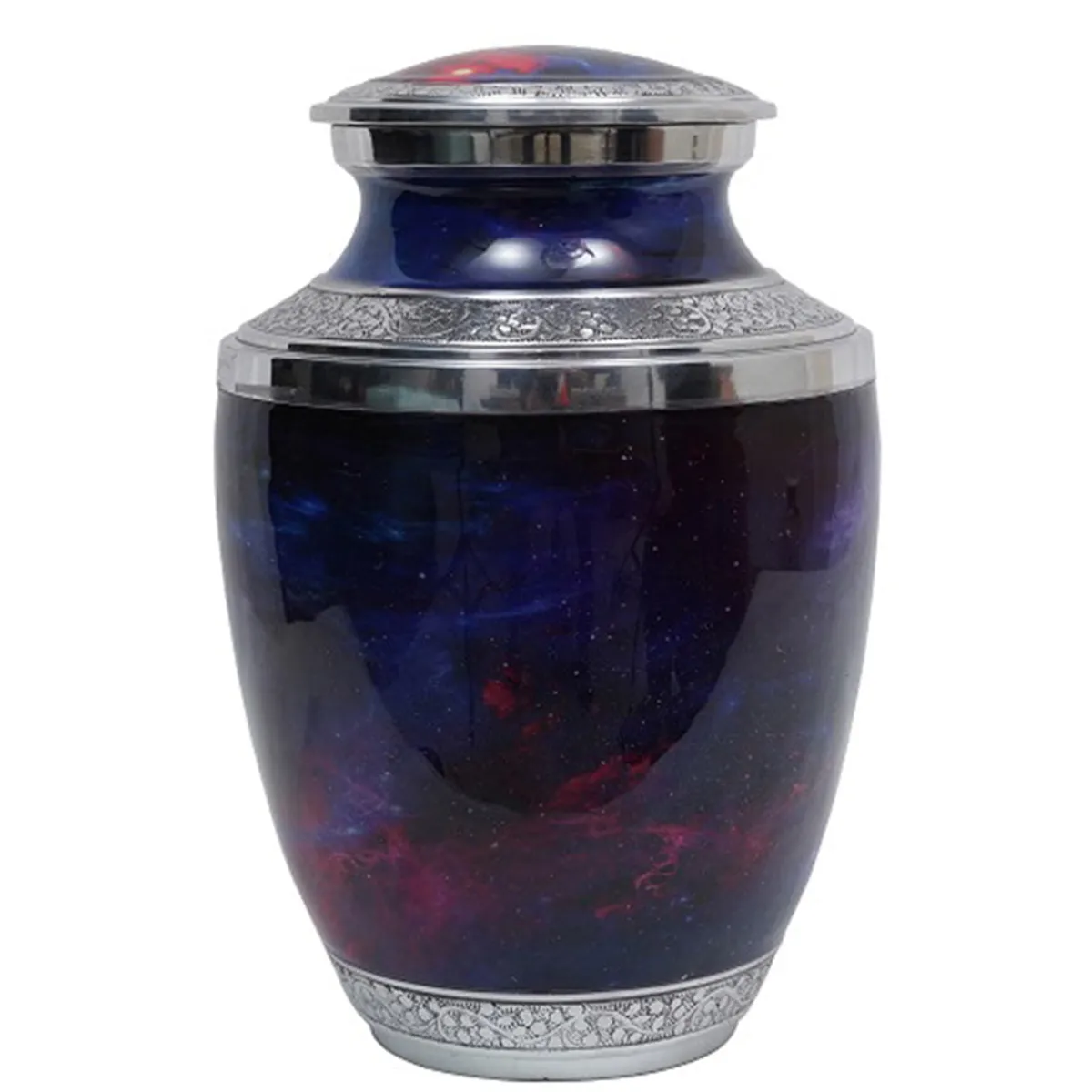 Blue galaxy-look urn vase with silver-toned lid and detailing