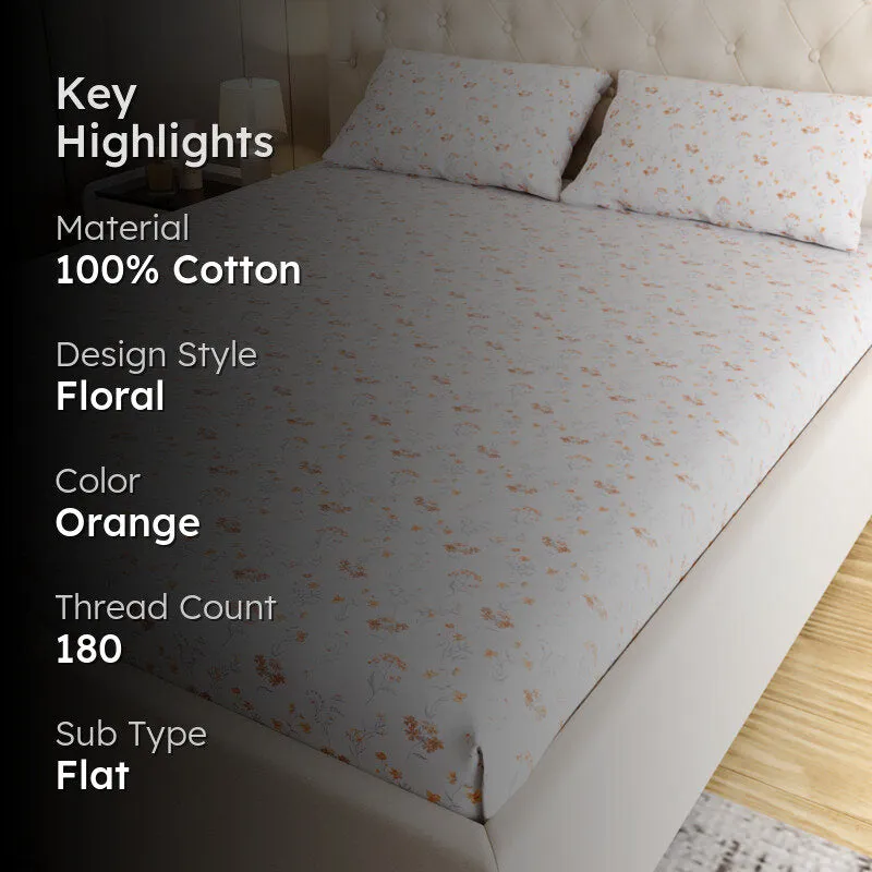 Orchard Floral Cotton Bedsheet (Orange) - 180 TC media 2