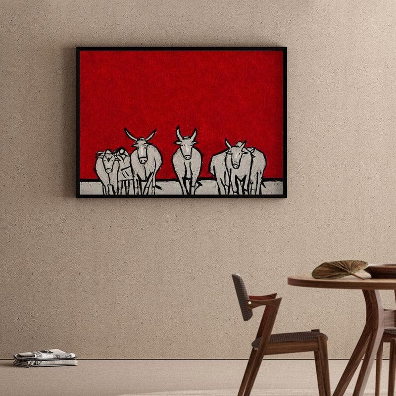 Cattle Herd Horizon Wall Painting - Black Frame