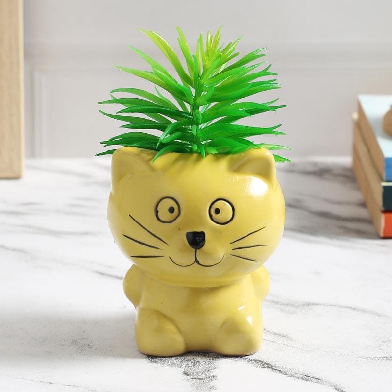 Faux Succulent In Cat Face Pot - 14.5 cms