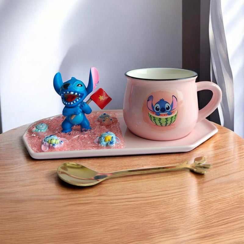 Stitchsip Ceramic Coffee Mug With Tray (180 mL) - Pink - 180 mL