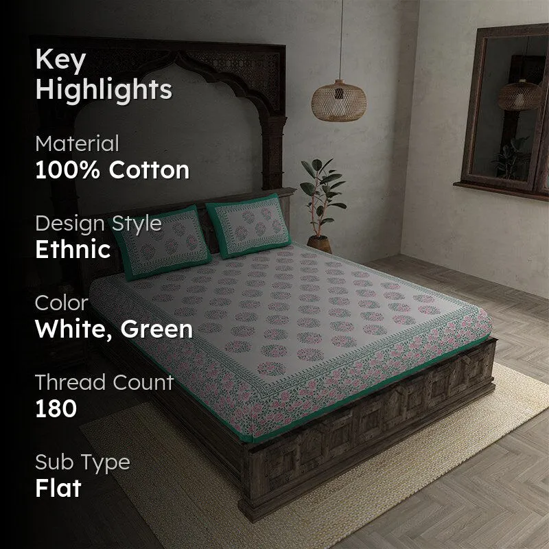 Lavo Floral Cotton Bedsheet (White,Green) - 180 TC media 2
