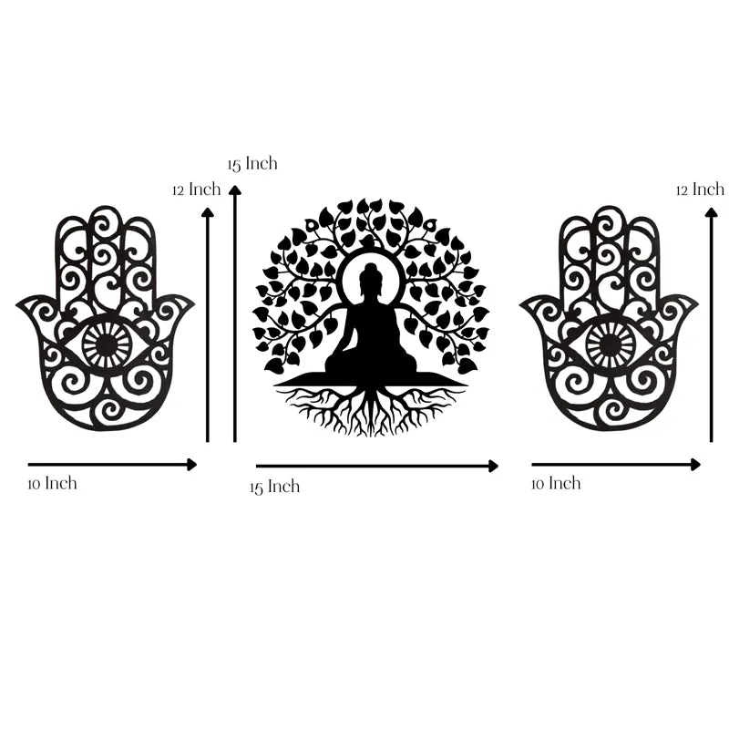 Buddha With Hamsa Hand Iron Wall Accent- Set Of Three media 6