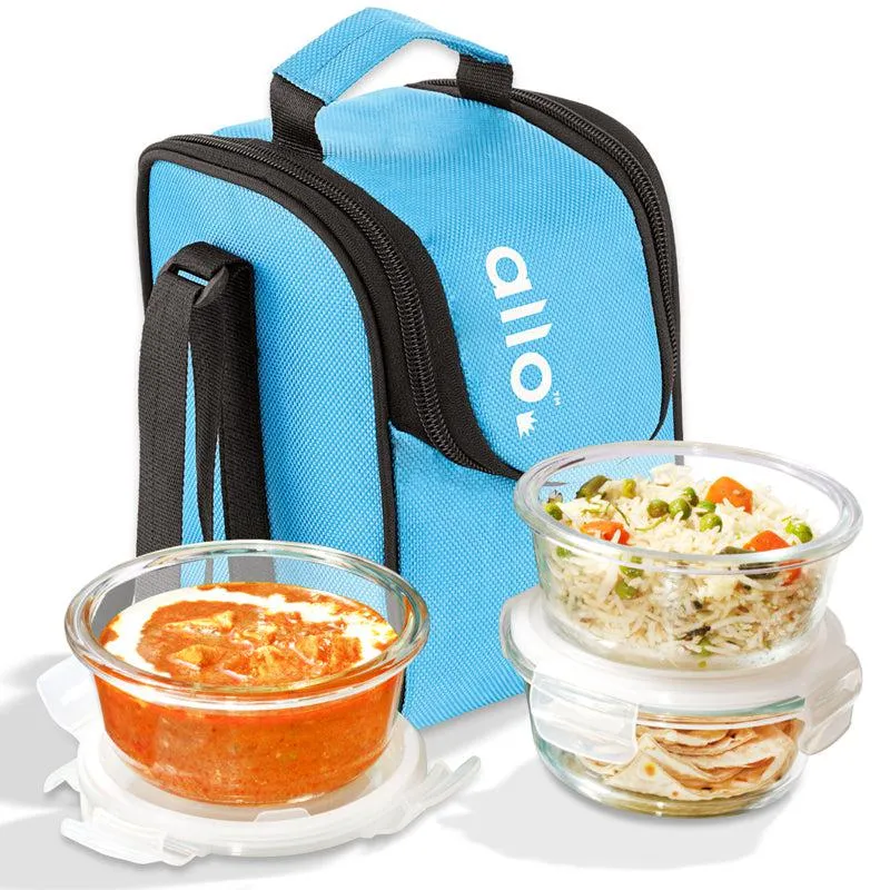 Oliva Round Glass Lunch Box With Blue Lunch Bag (400 ML) - Four Piece Set media 4