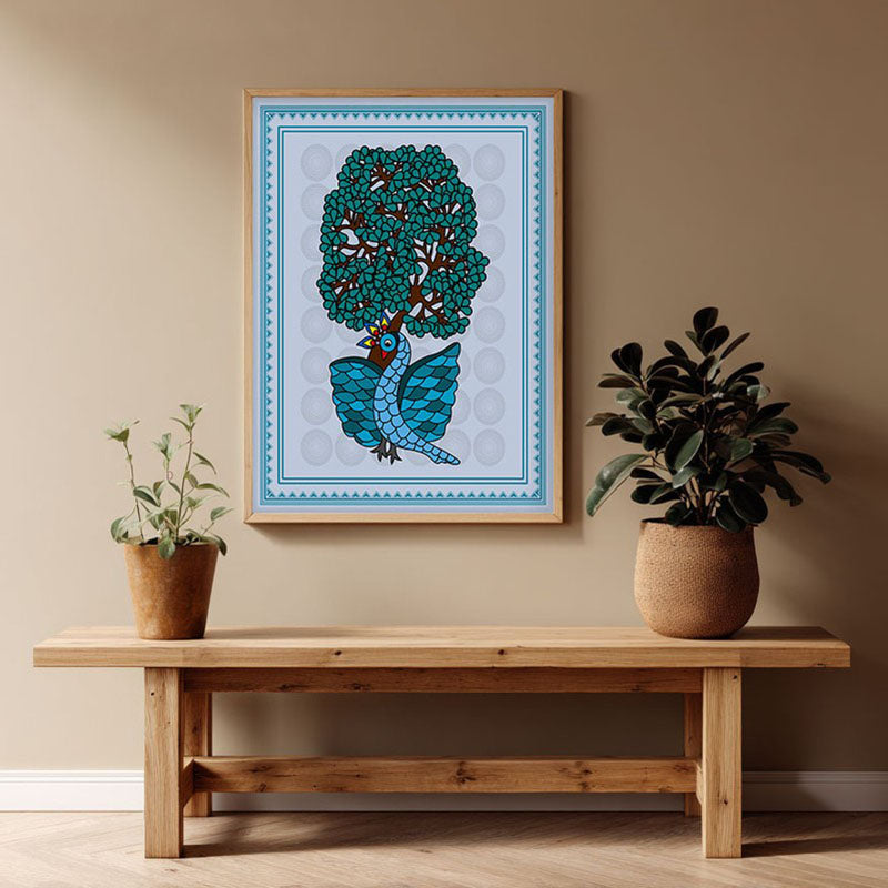 Ethereal Peacock Framed Gond Canvas Archival Canvas Wall Painting - Natural Brown Frame