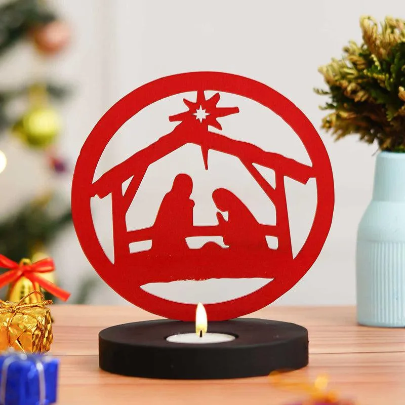 Manger Light Wood Christmas Tea Light Holder - Red media 3