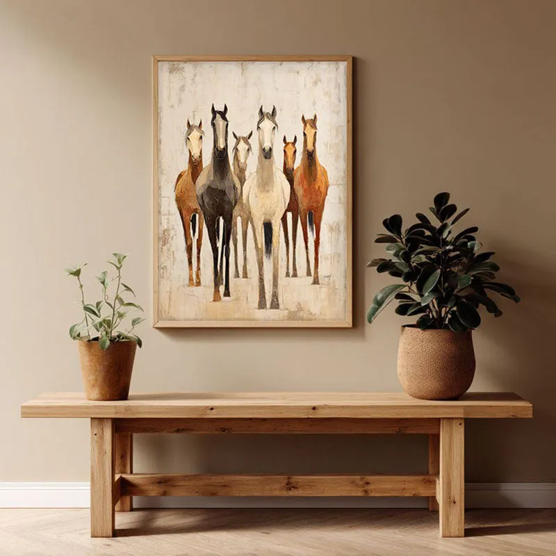 Dynamic Horse Wall Painting With Brown Frame media 1