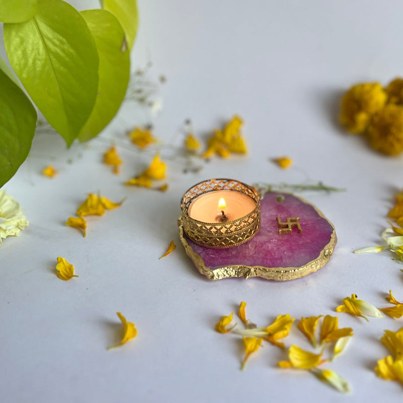 Swastik Handcrafted Agate Tealight Candle Holder - Pink media 4