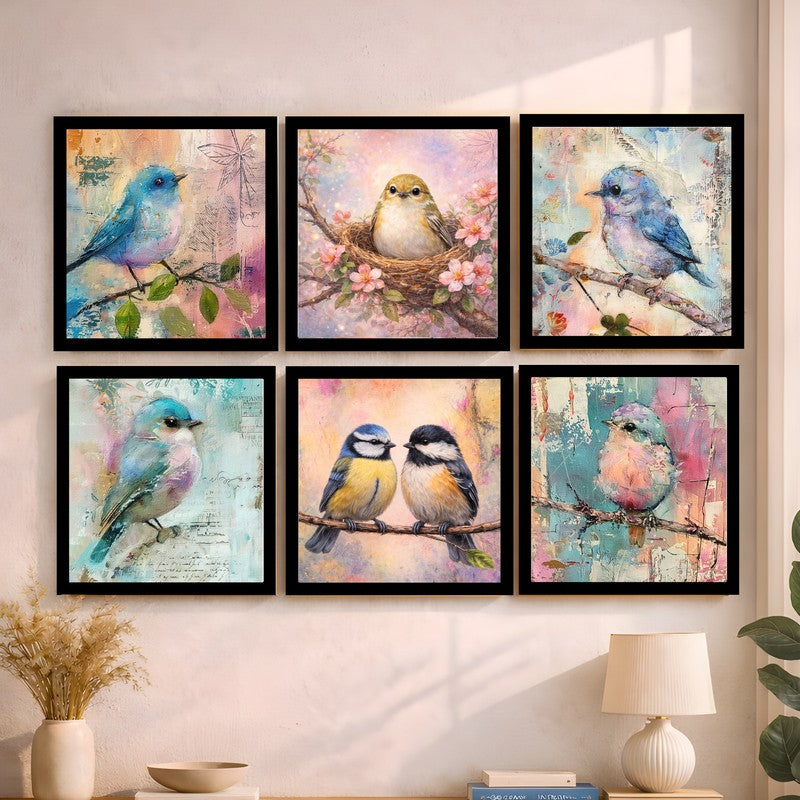 Dreamy Garden Birds Paper Wall Painting With Frame - Set Of Six media 4
