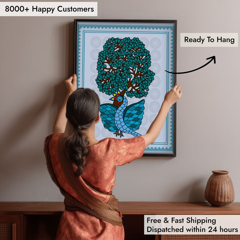 Ethereal Peacock Framed Gond Canvas Wall Painting media 8