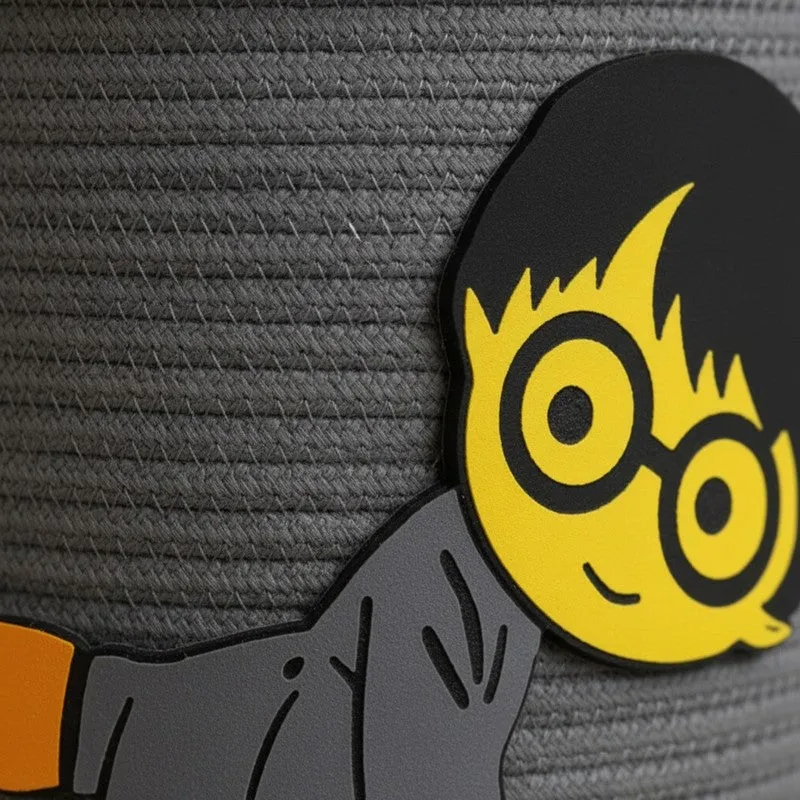 Close-up of the wizard applique on the grey textured basket surface