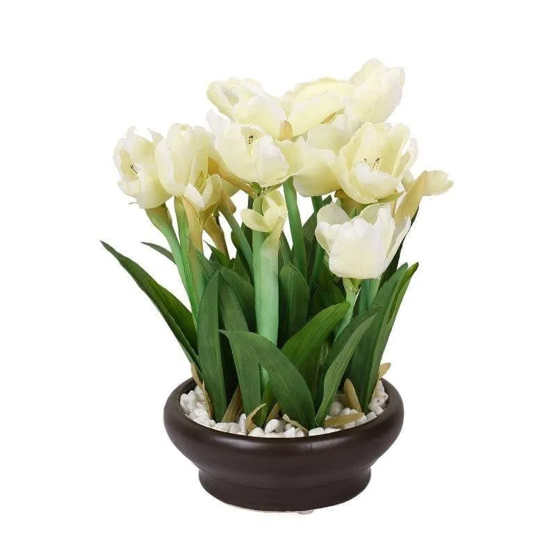 Faux Tulip Bonsai In Ceramic Pot (26 cms) - White media 3