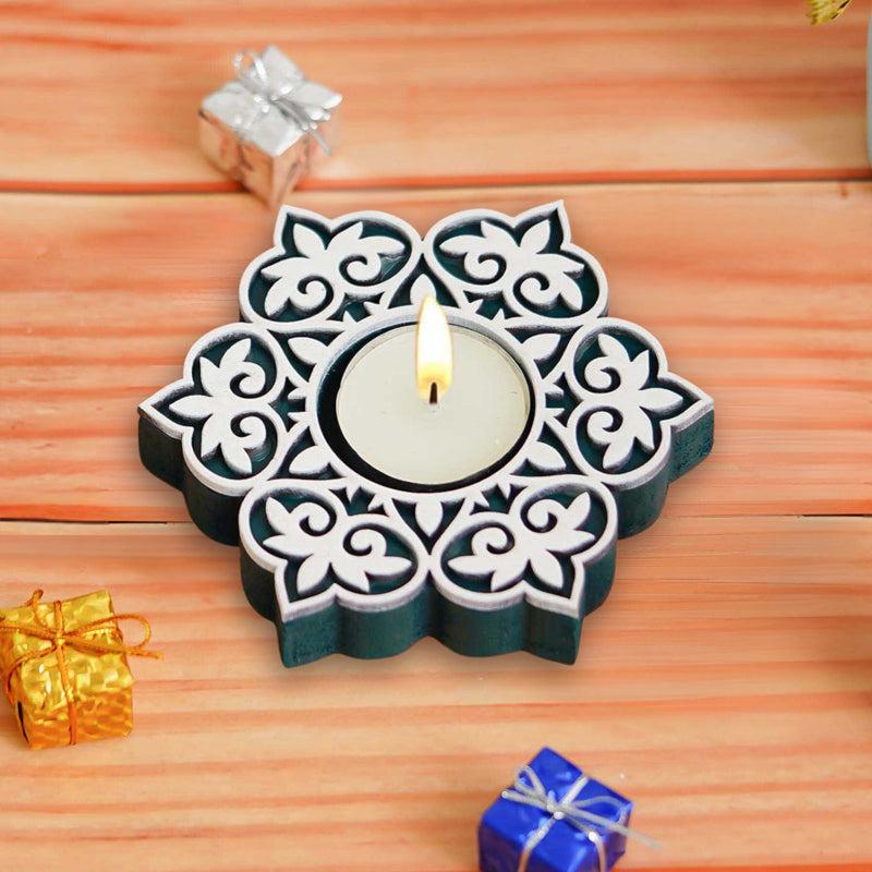 Winter Spark Carved Wood Tea Light Holder (Green) - Set Of Six media 3