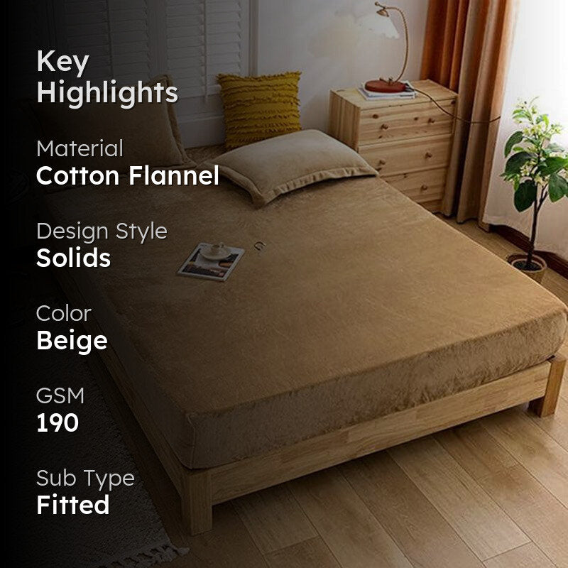 Ovia Solid Cotton Flannel Bedsheet (Beige) - 190 GSM media 2