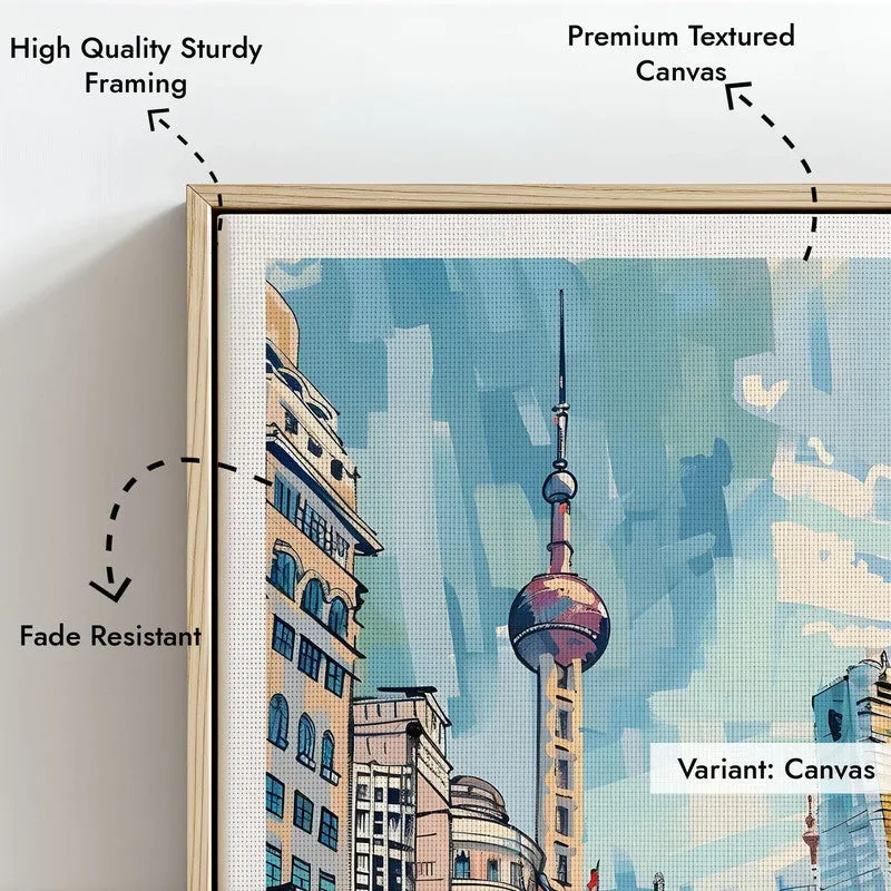 Vintage Shanghai Framed Canvas Archival Canvas Wall Painting - Natural Brown Frame media 6