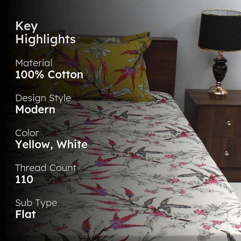 Waida Floral Cotton Bedsheet (Yellow,White) - 110 TC media 2