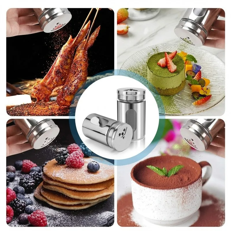 Silver spice jar shown dispensing seasoning over different dishes.