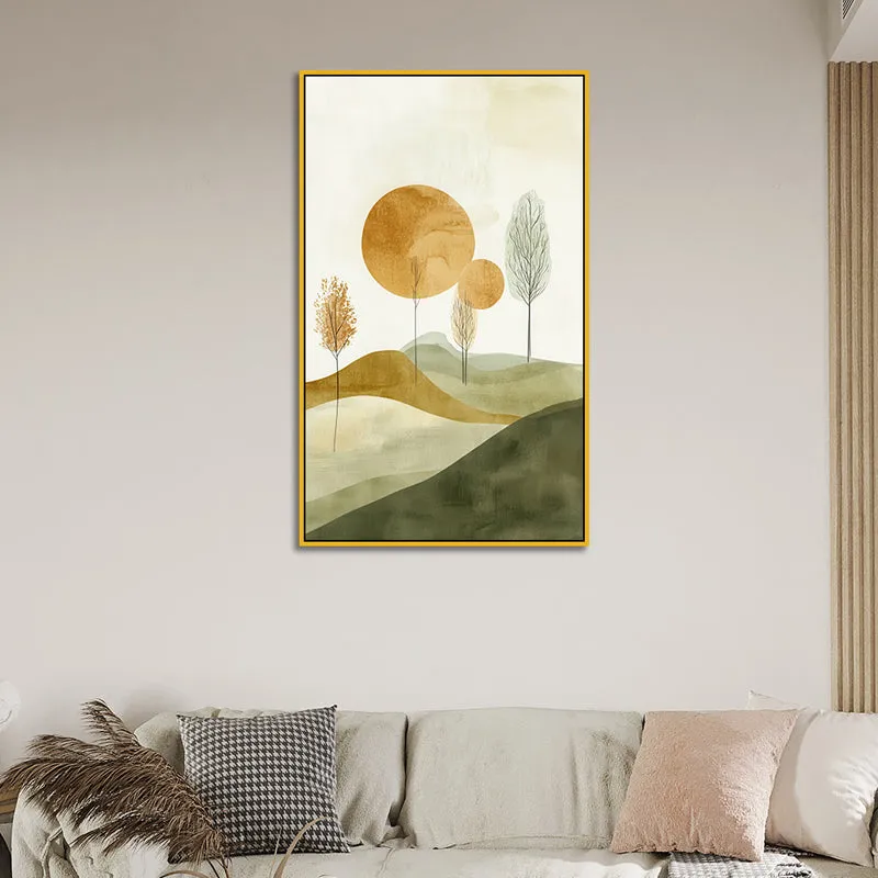 Ochre & Olive Hillside Landscape Canvas Wall Painting With Frame - Gold media 5