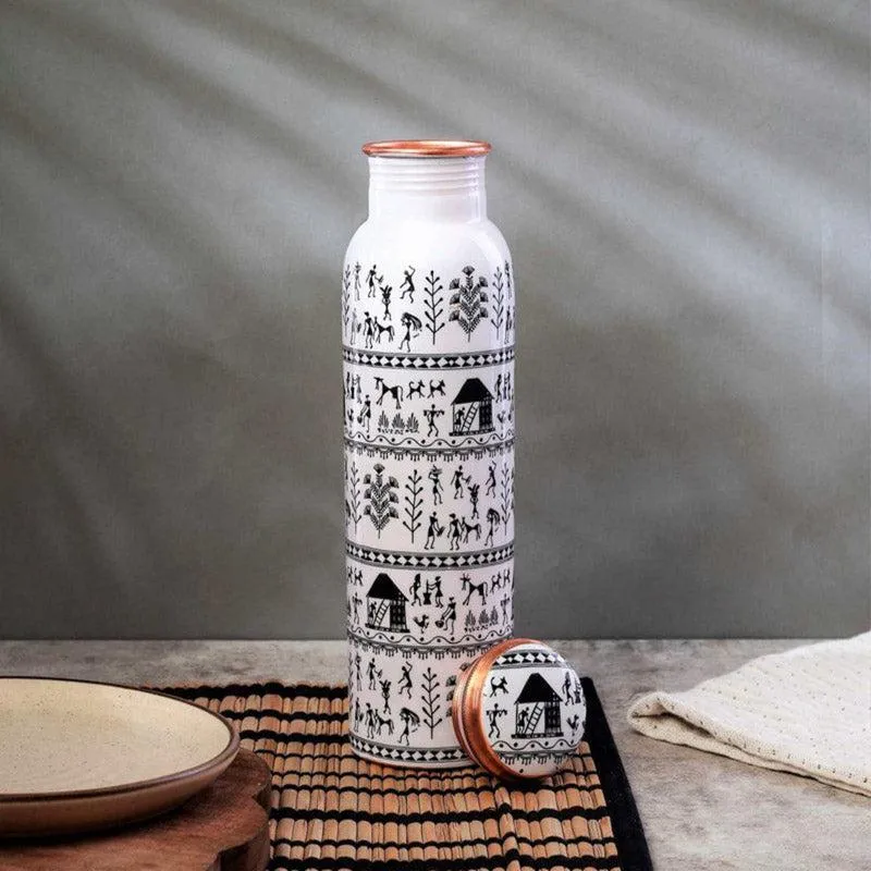 Warli White Copper Water Bottle - 1000 mL media 3