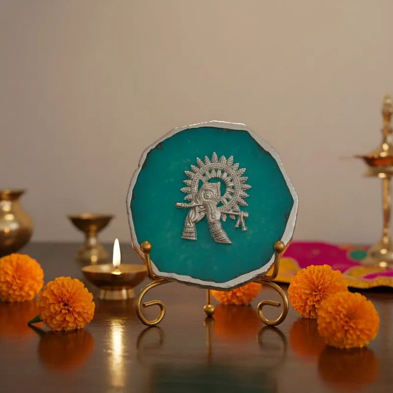 Divine Murli Aura Agate Showpiece With Stand - Blue & Gold media 1