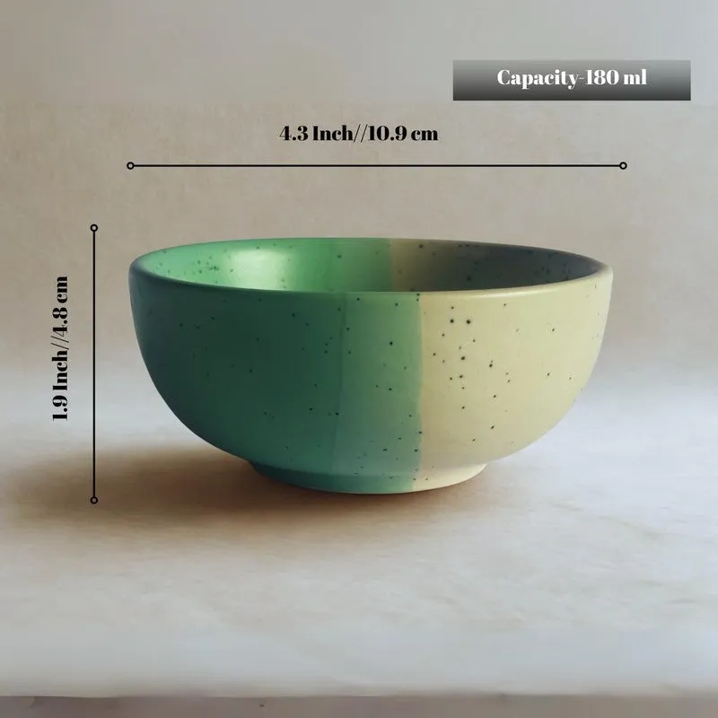 Green and beige bowl shown side-on with its visible capacity and dimensions