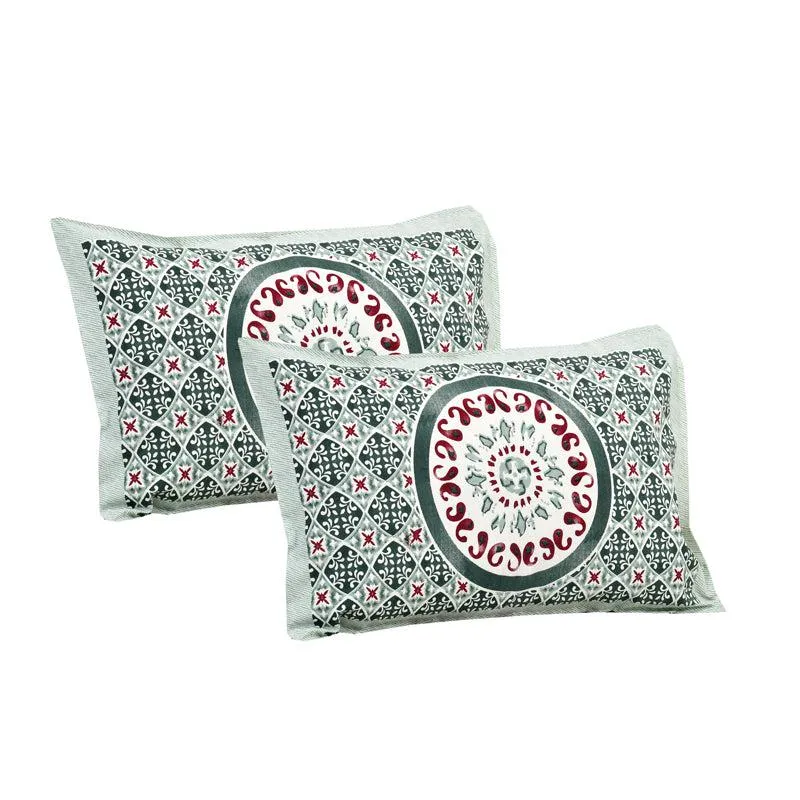 Mekhala Ethnic Cotton Flat Bedsheet (White & Green) - 160 TC media 6