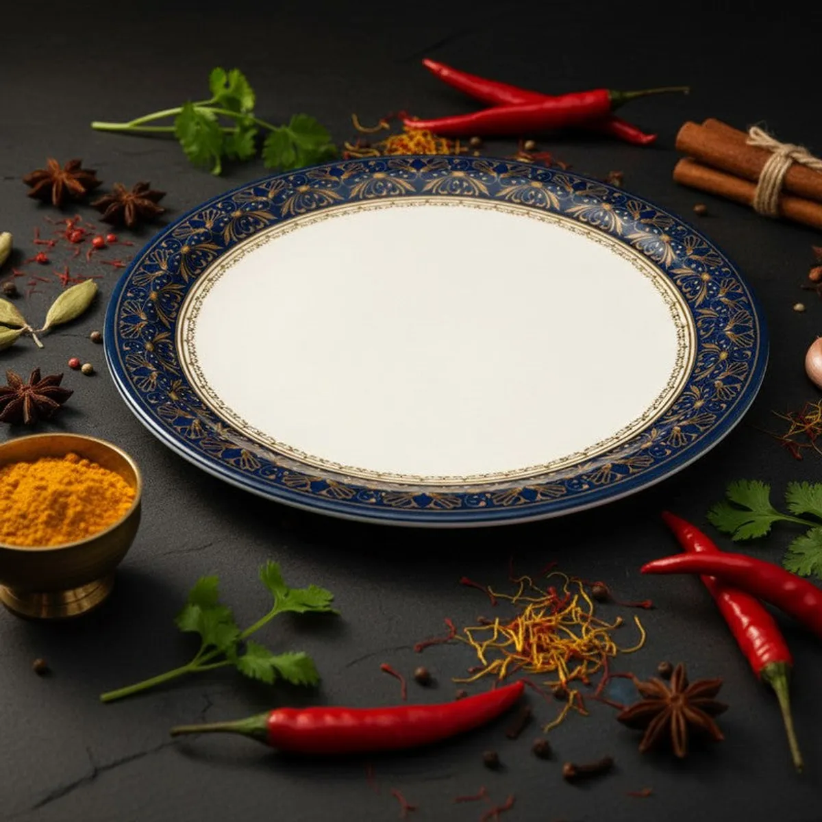 Blue and white decorative plate styled with spices and chillies