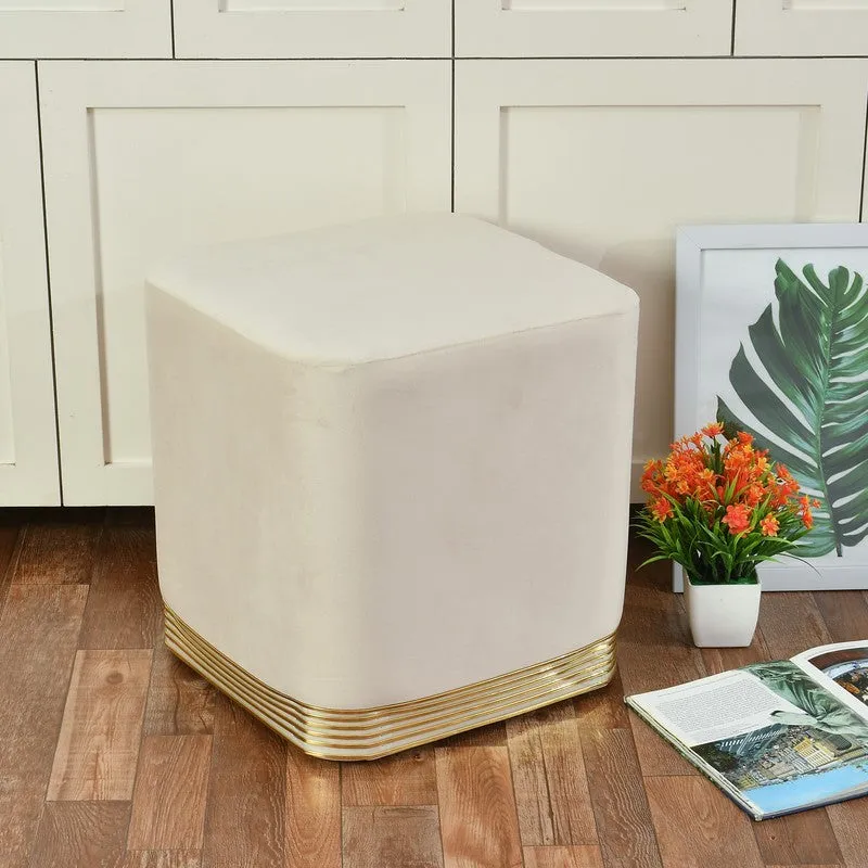 Aureum Solid Velvet Pouffe - White & Gold media 1