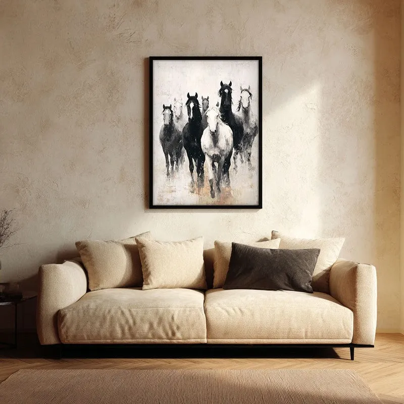 Charcoal Horse Stampede Wall Painting With Black Frame media 1