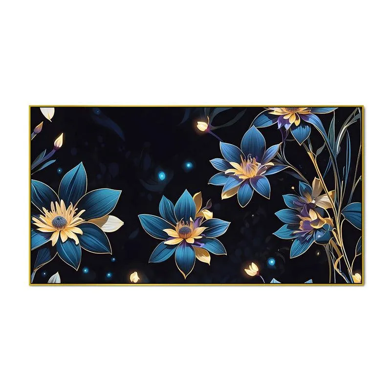 Midnight Blue Sparkle Floral Canvas Wall Painting With Frame - Gold media 4