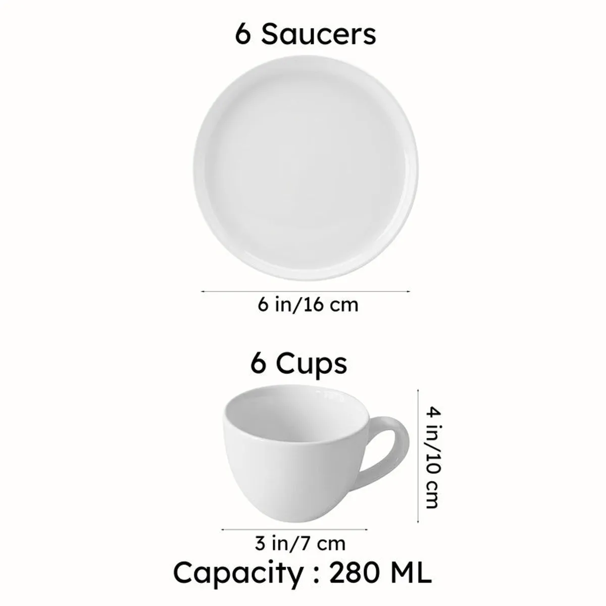 Six saucers and six cups with dimensions and 280 ml capacity shown in the image.