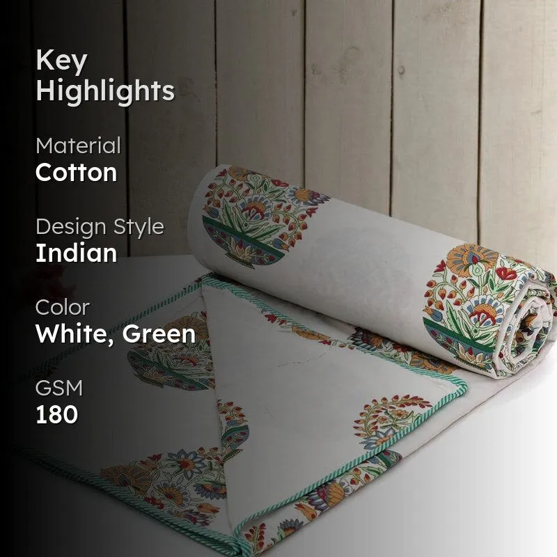 Dishti Ethnic Reversible Cotton Dohar (White & Green) - 180 GSM media 2