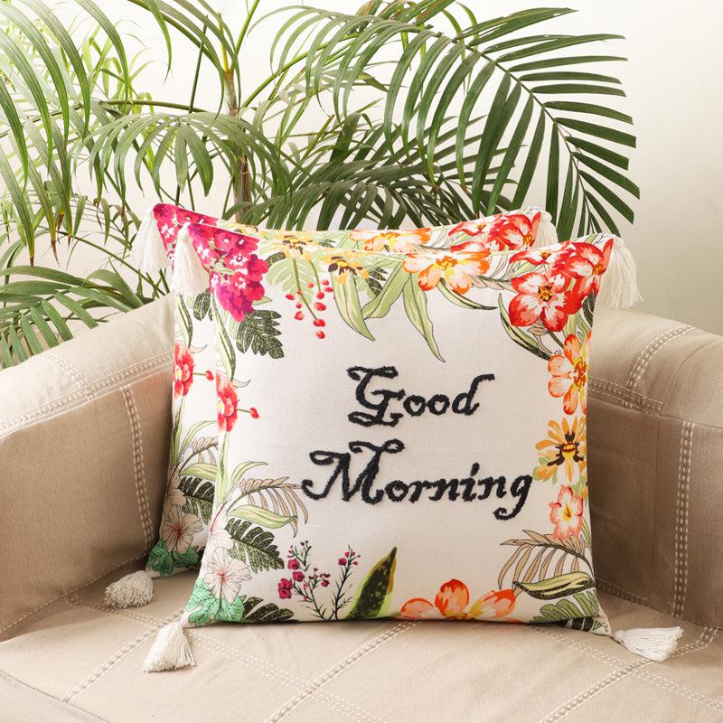 Poppy Plush "Good Morning" Embroidered Cotton Cushion Cover - Set Of Two media 2