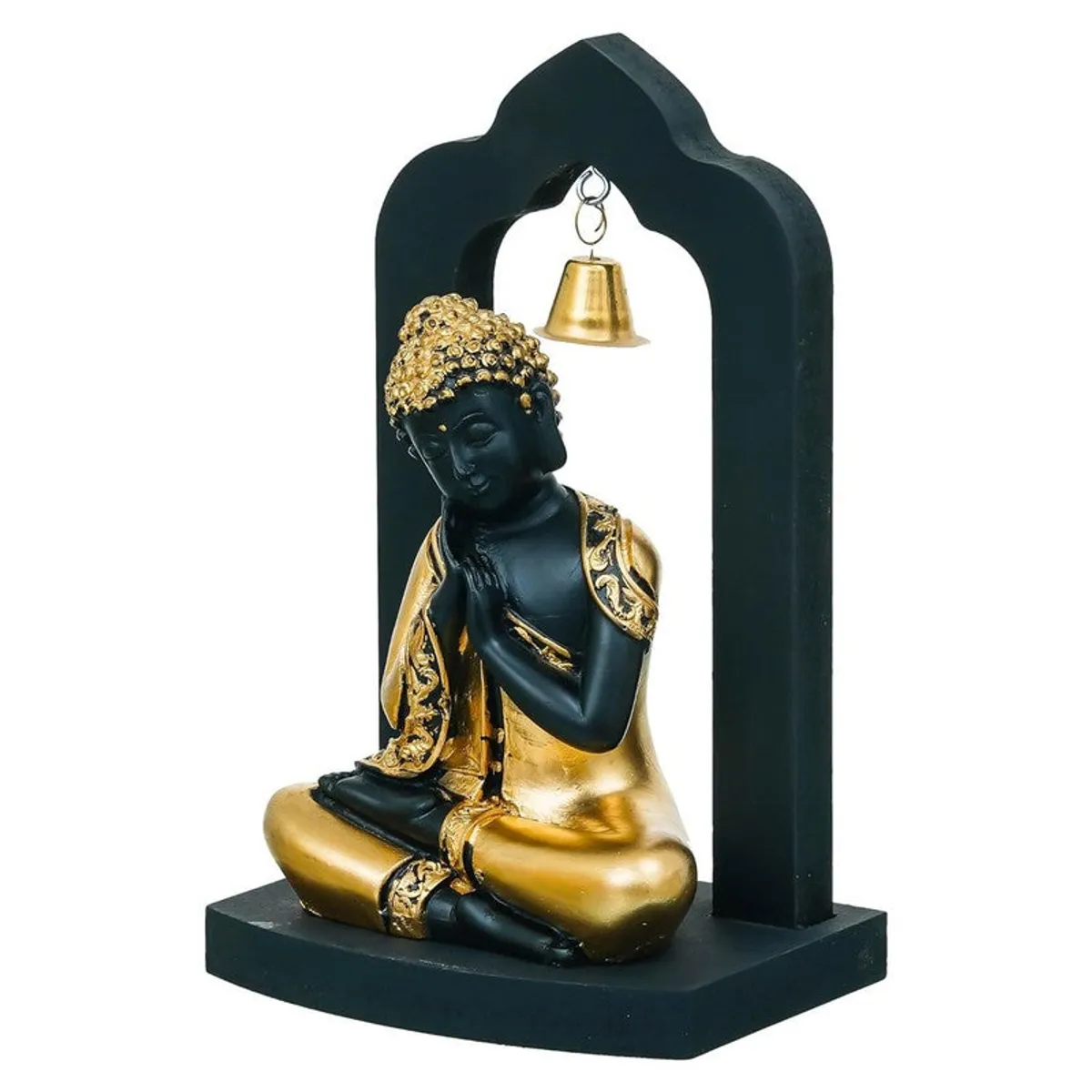 Side angle of seated black and gold Buddha idol in wooden frame
