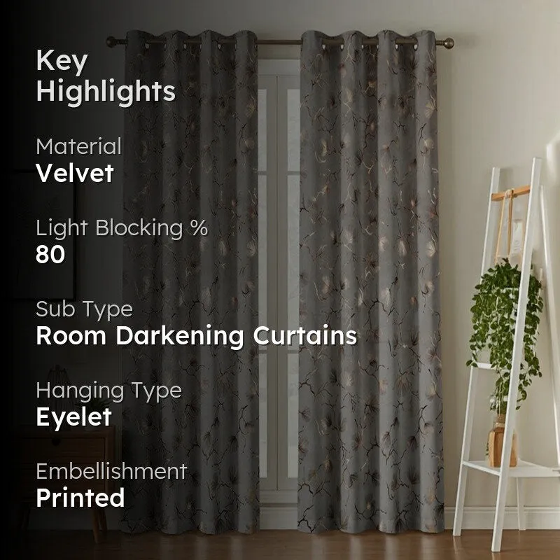Soft Edge Printed Velvet Curtains (Grey,Gold) - Set Of Two media 2