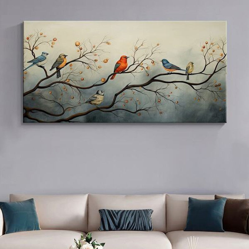 Perching Birds On Branch Poly Canvas Wall Painting
