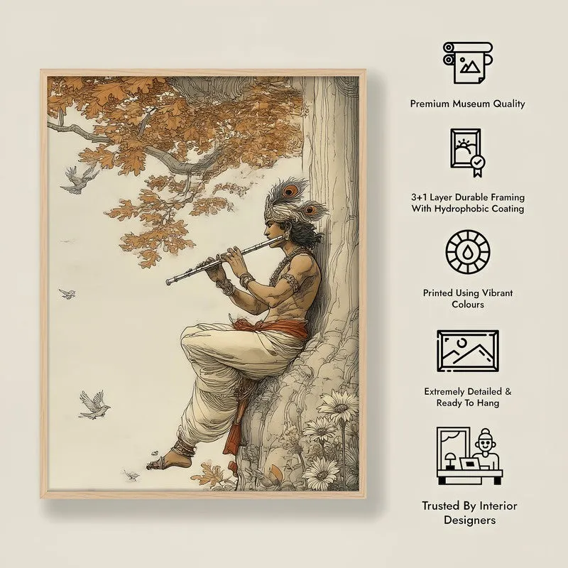Sri Krishna Blissful Archival Paper Wall Art - Natural Brown Frame media 8