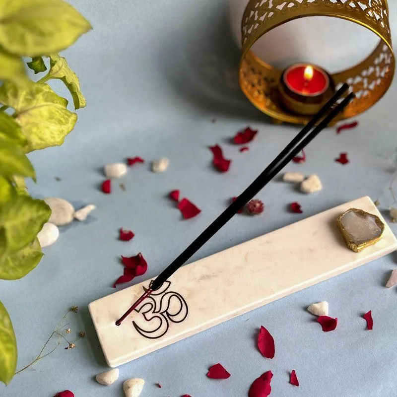 Om Marble Incense Holder With Agate Plating - White media 1
