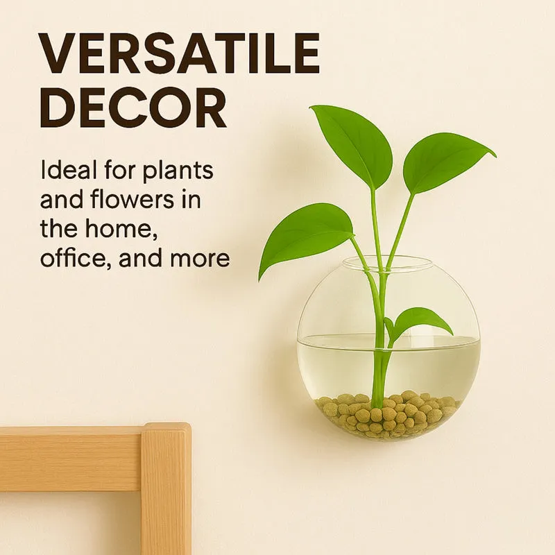 Wall-mounted round glass vase with green leaves against a plain wall
